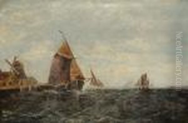 Fishing Boats Off A Jetty With A Windmill - view 1