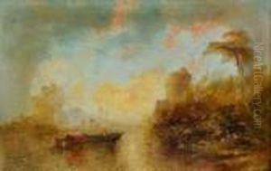 Lakelandscape With Barge Before A Castle Ruin by Alfred Montague
