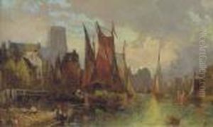 Hay Barges In A Continental Port At Dusk by Alfred Montague