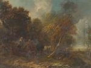 A Forest Landscape With Figures In A Wagon