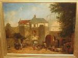 Continental Street Scene With Market Stalls And Figures by Alfred Montague