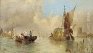 A Hay Barge And Other Vessels At A Riverside Town by Alfred Montague