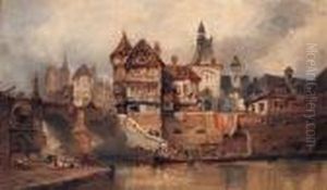 Figures On A Barge, With Washerwomen In The Foreground,copenhagen by Alfred Montague