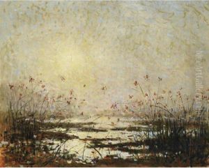Coucher De Soleil Sur Le Marais Fleuri by Pierre Eugene Montezin