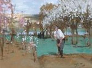 Jardinier Dans Le Jardin Au Printemps by Pierre Eugene Montezin