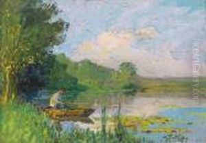 Pecheur En Barque Au Bord De La Riviere by Pierre Eugene Montezin