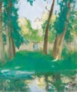 "chateau Derriere Les Arbres" Peinture Surtoile Signee En Bas A Droite. 64 X 52,5 Cm by Pierre Eugene Montezin