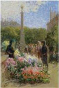 L'ile De La Cite, La Fontaine Du Palmier Et Le Marche Aux Fleurs by Pierre Eugene Montezin