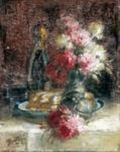Bouquet De Pivoines A La Bouteille De Champagne Et Boudoirs by Pierre Eugene Montezin