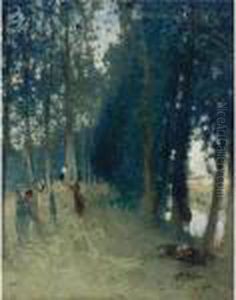 La Fenaison Au Bord Du Ruisseau by Pierre Eugene Montezin