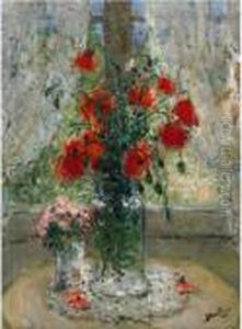 Coquelicots Et Marguerites Devant La Fenetre by Pierre Eugene Montezin