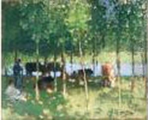 Vaches Et Fermiers Au Bord D'une Riviere.