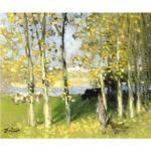 Vaches Au Bord De La Riviere by Pierre Eugene Montezin