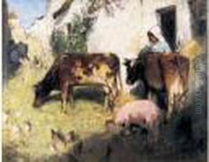 Cour De Ferme Bretonne by Pierre Eugene Montezin