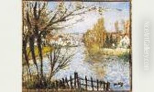 Village Au Bord De La Riviere by Pierre Eugene Montezin