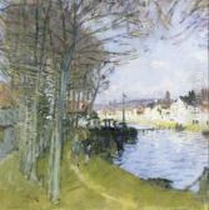 Paysage Anime Fais D'un Village En Bord De Riviere by Pierre Eugene Montezin