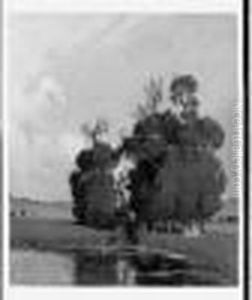 Detente Au Bord D'un Lac. Huile Sur Toile Signee En Bas A Droite