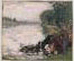Berger Et Ses Vaches Au Bord Du Lac by Pierre Eugene Montezin