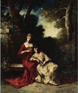 Elegant Ladies In A Garden by Adolphe Joseph Thomas Monticelli
