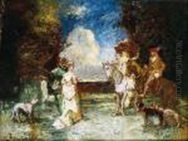 Couple De Cavaliers Et Couple A Pied Conversant Et Accompagnes De Leurs Chiens - view 1