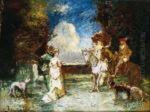 Couple De Cavaliers Et Couple A Pied Conversant Et Accompagnes De Leurs Chiens by Adolphe Joseph Thomas Monticelli