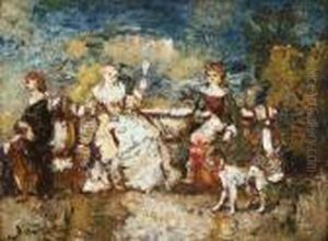 Trois Femmes A La Fontaine. by Adolphe Joseph Thomas Monticelli