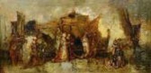 Femmes, Hommes Et Chien Devant Un Bateau by Adolphe Joseph Thomas Monticelli