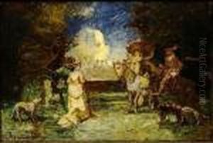 Couple De Cavaliers Parlant Avec Un Couple A Pied Et Chiens by Adolphe Joseph Thomas Monticelli