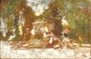 La Conversation A La Fontaine by Adolphe Joseph Thomas Monticelli