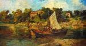 Figures In A Boat On A River With Cottages And Woodland by Adolphe Joseph Thomas Monticelli