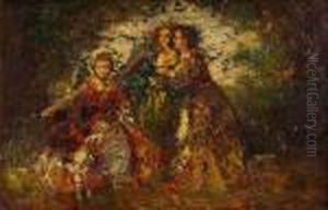 Ladies And A Dog by Adolphe Joseph Thomas Monticelli