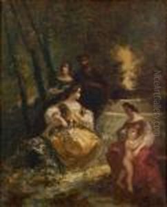 Personnages Et Chien Dans Un Parc by Adolphe Joseph Thomas Monticelli