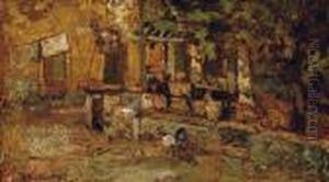 Cour De Ferme Avec Un Ane Et Des Coqs