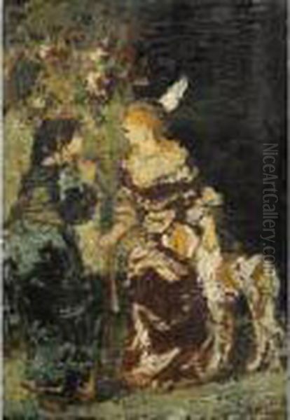 Deux Femmes Et Un Chien [ ; Two 
Women With A Dog ; Oil On Panel Unframed ; Signed Lower Right] - view 1