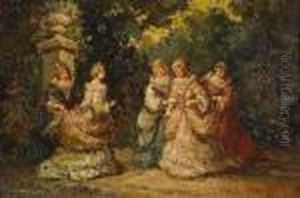 The Presentation, Woodland Landscape With Figures by Adolphe Joseph Thomas Monticelli