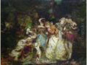 Cinq Personnages Avec Un Amour Et Un Perroquet Ou La Chasse Au Faucon by Adolphe Joseph Thomas Monticelli