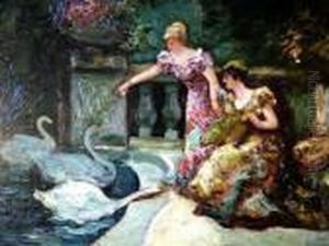 Feeding The Swans by Adolphe Joseph Thomas Monticelli