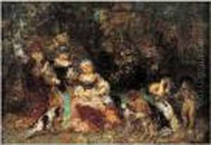Femmes Et Enfants Dans Un Bois, Circa 1870-1872 by Adolphe Joseph Thomas Monticelli