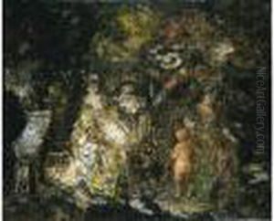 Scene De Parc Avec Trois Courtisanes, Un Musicien Et Un Putti
 Huile Sur Toile by Adolphe Joseph Thomas Monticelli