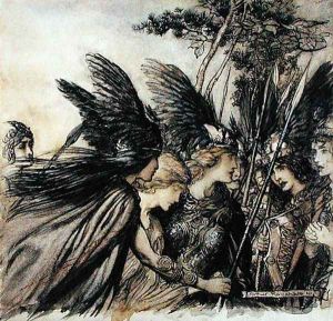 Brunnhilde Implores the Valkyries, illustration from The Rhinegold and the Valkyrie, by Richard Wagner, edition published 1910 by Arthur Rackham