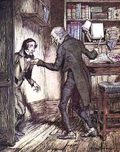 Scrooge and Bob Cratchit, from Dickens A Christmas Carol by Arthur Rackham