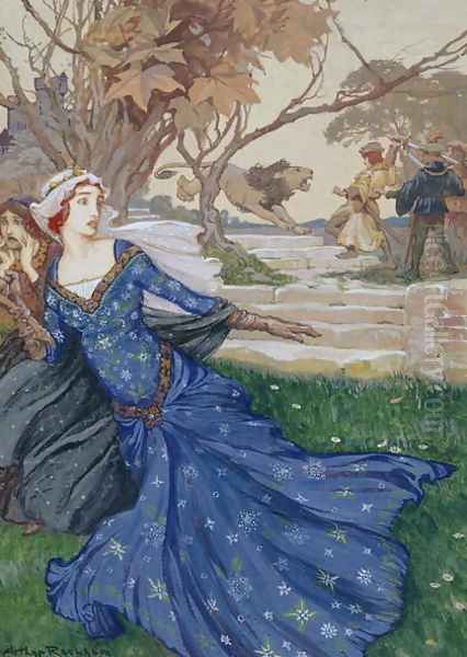 Guinevere Rescued by La Cote Male Taile, illustration from 'A Collection of Stories from Old Fairy Tales Grimm, Andersen and Stories of King Arthur, published 1905 - view 1