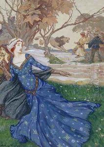 Guinevere Rescued by La Cote Male Taile, illustration from 'A Collection of Stories from Old Fairy Tales Grimm, Andersen and Stories of King Arthur, published 1905 by Arthur Rackham