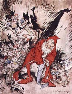 Christmas illustrations, from The Night Before Christmas by Clement C. Moore, 1931 99;Father Christmas filling the stockings; A Visit from St. Nicholas; poem by Arthur Rackham