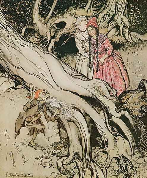 The end of his beard was caught in a tree, illustration from Snow White and Rose Red, from Fairy Tales of the Brothers Grimm, 1900 - view 1