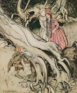 The end of his beard was caught in a tree, illustration from Snow White and Rose Red, from Fairy Tales of the Brothers Grimm, 1900 by Arthur Rackham