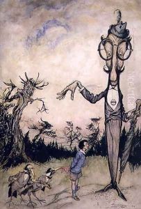 A Giant with a Child and Two Crows, illustration from The Book of Betty Barber by Maggie Brown, pub.1910 pen and ink, later coloured by Harry Rountree, 1878-1950 also an illustration for the Book of Nonsense by Edward Lear 1812-88 pub. 1980