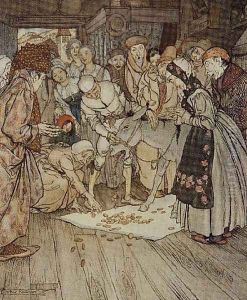 Gold pieces fell down on the cloth illustration to Washing Table, Golden Ass and Cudgel from Fairy Tales of the Brothers Grimm, 1900 by Arthur Rackham