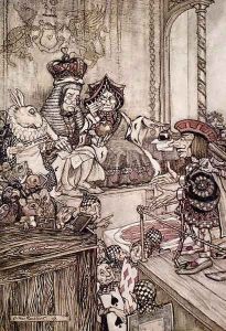 Knave before the King and Queen of Hearts, illustration to Alices Adventures in Wonderland by Lewis Carroll 1832-98 1907 by Arthur Rackham