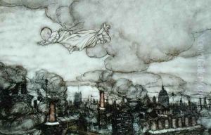 Peter Pan flying over London, illustration from Peter Pan by J.M. Barrie 1860-1937 by Arthur Rackham